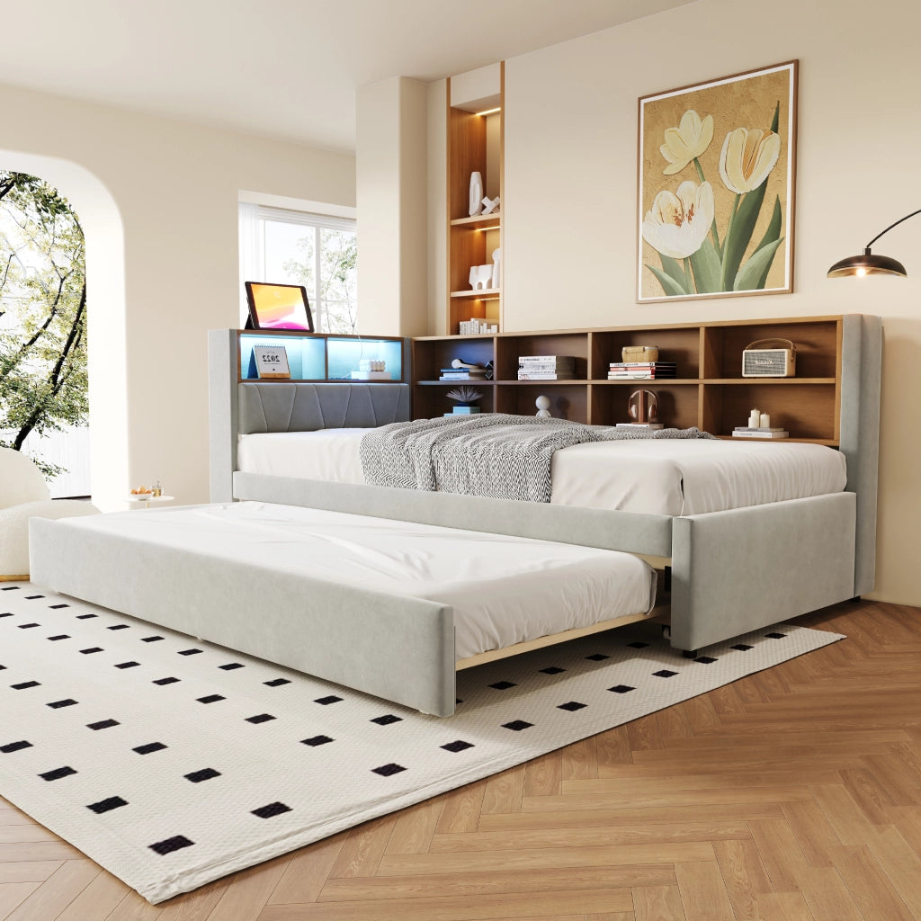 Letto estraibile matrimoniale 90×200 cm e 90×190 cm con LED; USB e ripiani; senza materasso; grigio chiaro