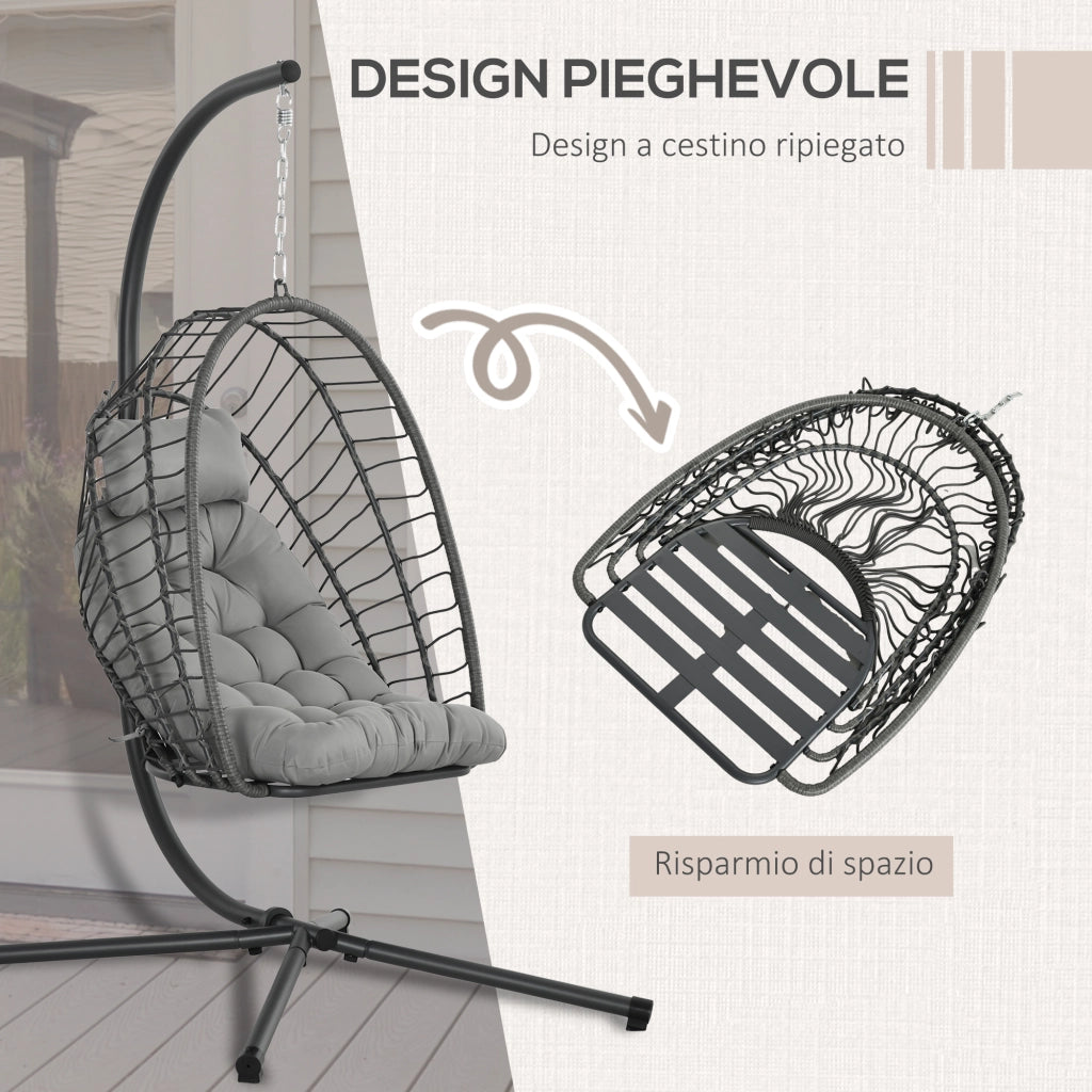Poltrona Sospesa in Rattan PE con Cuscino, Seduta Pieghevole e Struttura in Acciaio, Grigio