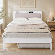 Letto funzionale 120x200 cm bianco con letto estraibile 90x190 cm, testiera imbottita e stazione di ricarica
