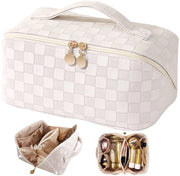Tas per viaggio per donne, beauty case in pelle PU, grande borsa da trucco, borsa da trucco portatile, borsa da toilette, organizzatore con spazio per accessori e attrezzature da viaggio per donne (bianca a quadri)