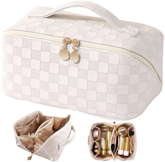 Tas per viaggio per donne, beauty case in pelle PU, grande borsa da trucco, borsa da trucco portatile, borsa da toilette, organizzatore con spazio per accessori e attrezzature da viaggio per donne (bianca a quadri)