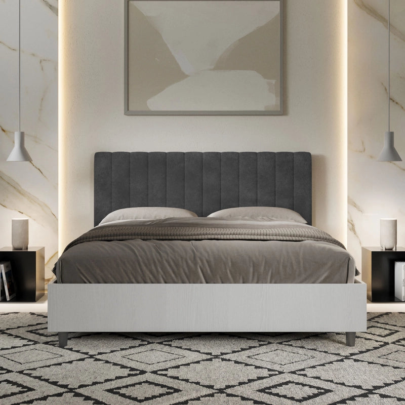 Letto Matrimoniale 160x200 cm struttura bianco frassino testata Kaia - Con rete,Microfibra,Grigio