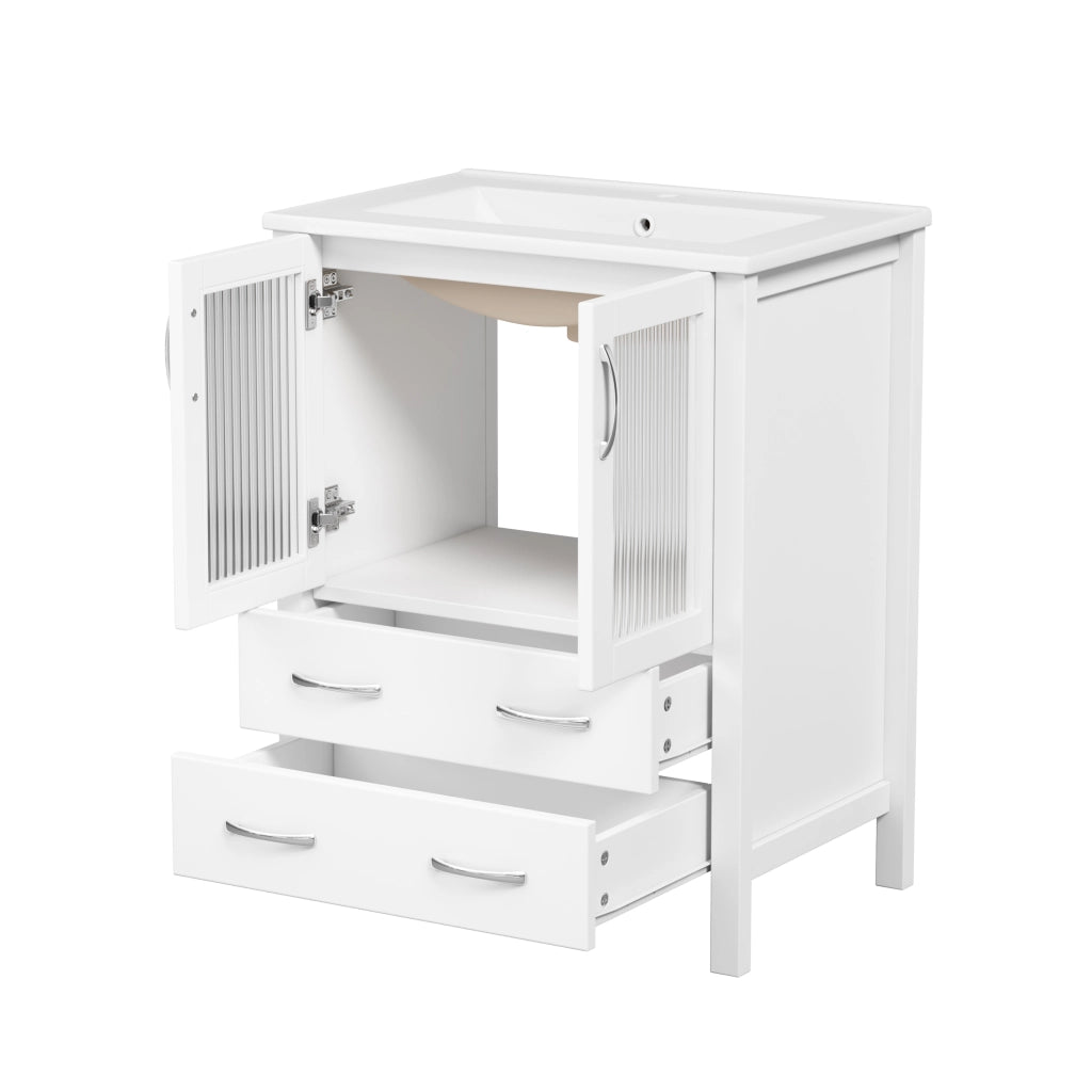 Mobile bagno con 2 cassetti; anta in vetro rigato e lavabo in ceramica con troppopieno per bagno; bianco; 61×47×86 cm