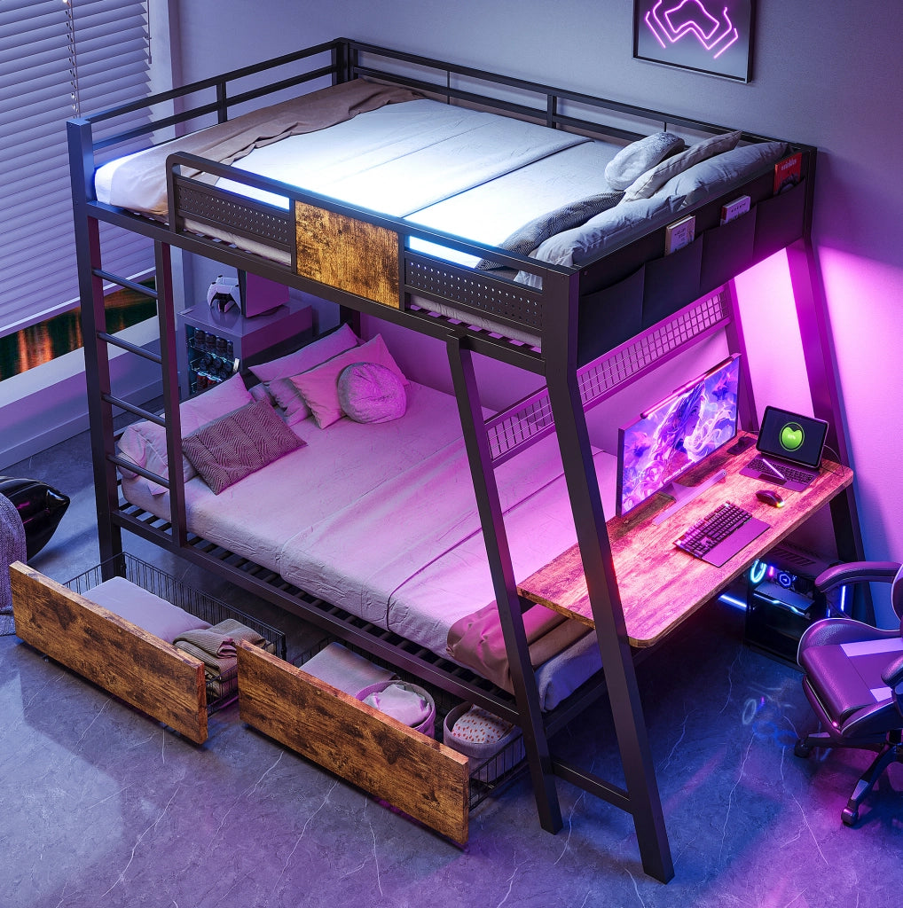 Letto a castello in metallo 90x200 cm con scrivania integrata e LED