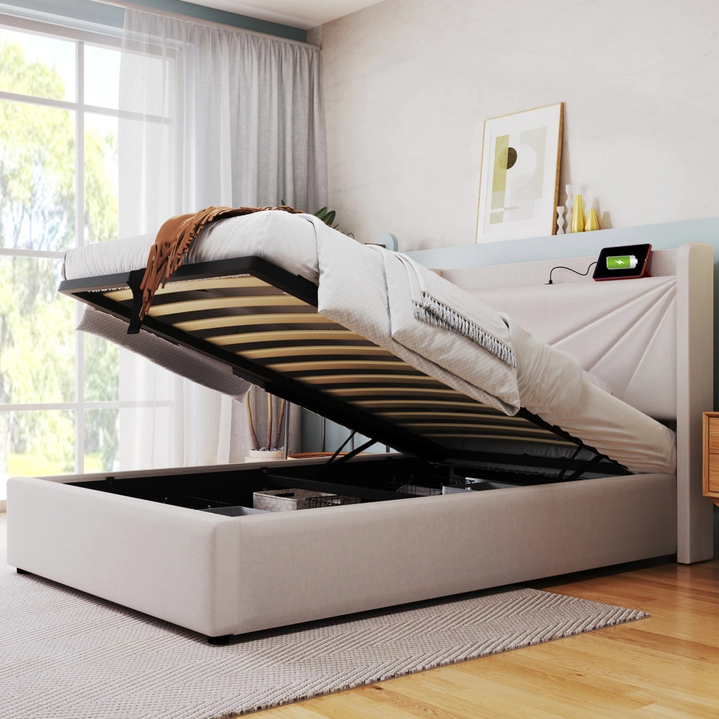 LETTO Contenitore 90x200 cm Beige in cotone e lino con USB Tipo C