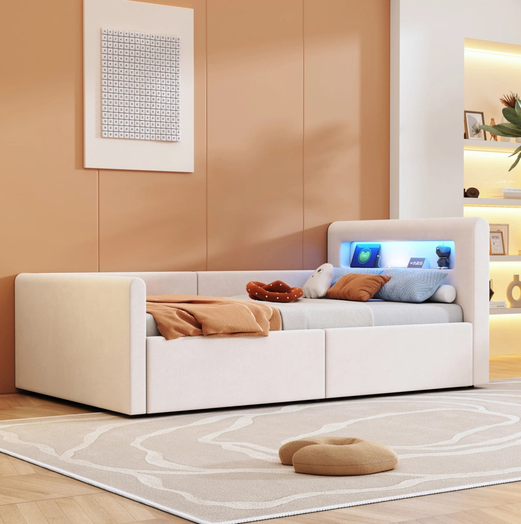 Letto imbottito per bambini 90x200 cm in velluto beige con LED; USB e contenitore idraulico