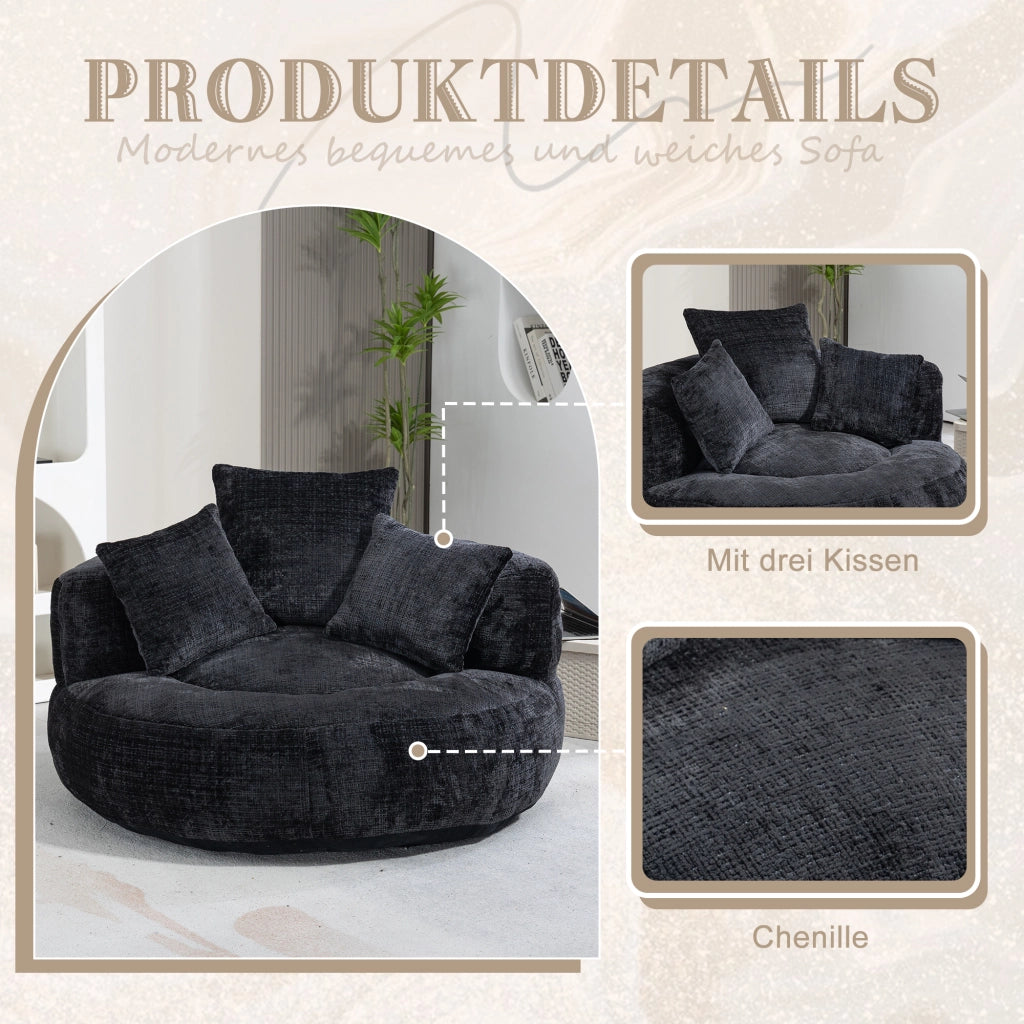 POLTRONA Relax 108x108x52 cm in Chenille Nera con Braccioli