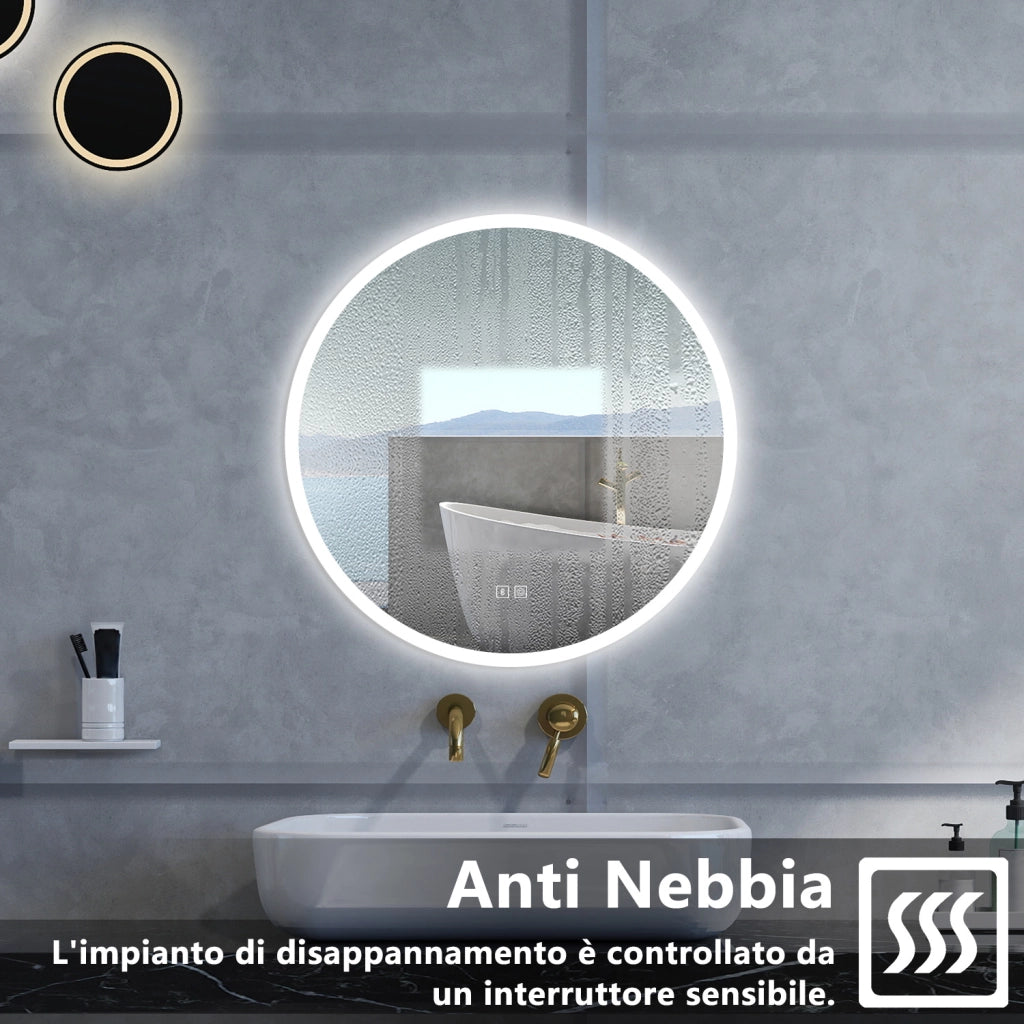 Specchio da bagno Rotondo con 70cm,Blue tooth,3 colori,Memoria, Antifog,Regorabile,Retroilluminato,doppio interruttore,