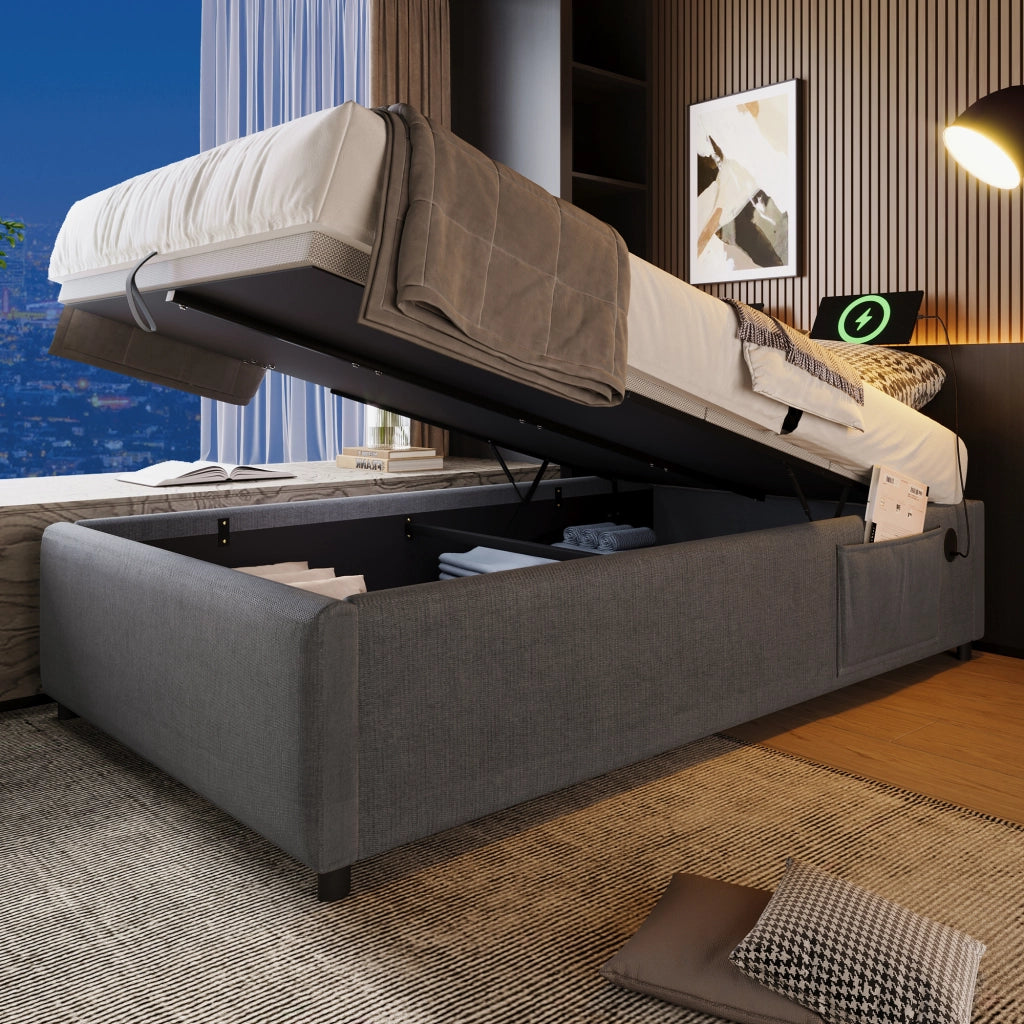 LETTO contenitore 90x200 cm con USB e Type-C tessuto grigio