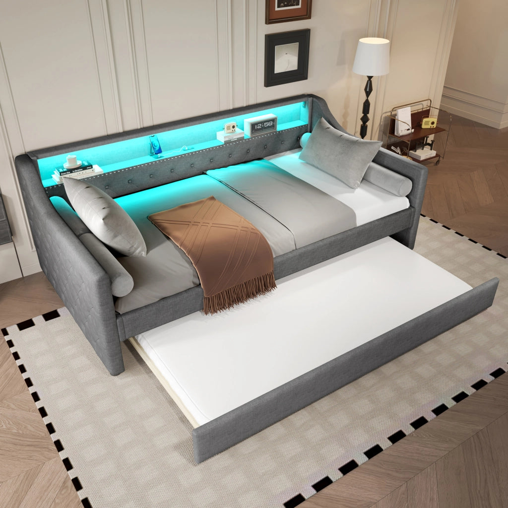 LETTO Divano 90x200 cm in lino grigio con letto estraibile, LED e USB