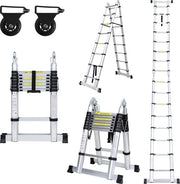 Ladder a Vouw Telescopica - Ladder a Telescopio - Chiusura Soft - Altezza di Lavoro 2,5+2,5 m - Argento con Stabilizzatore + Ruote