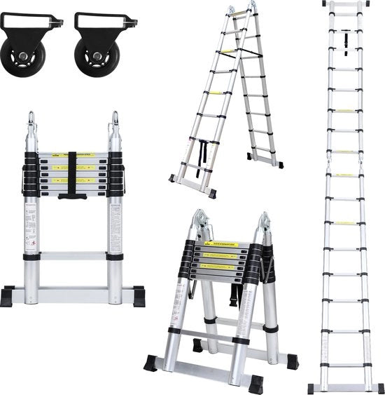 Ladder a Vouw Telescopica - Ladder a Telescopio - Chiusura Soft - Altezza di Lavoro 2,5+2,5 m - Argento con Stabilizzatore + Ruote