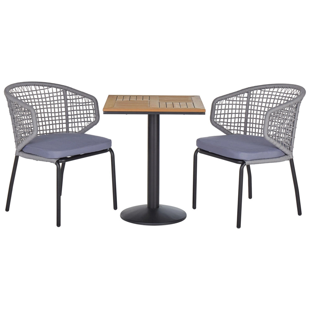 Set da bistrot grigio 2 sedie cuscini da seduta tavolo plastica piano in legno gambe in metallo Nero 3 pezzi set da giardino per esterni