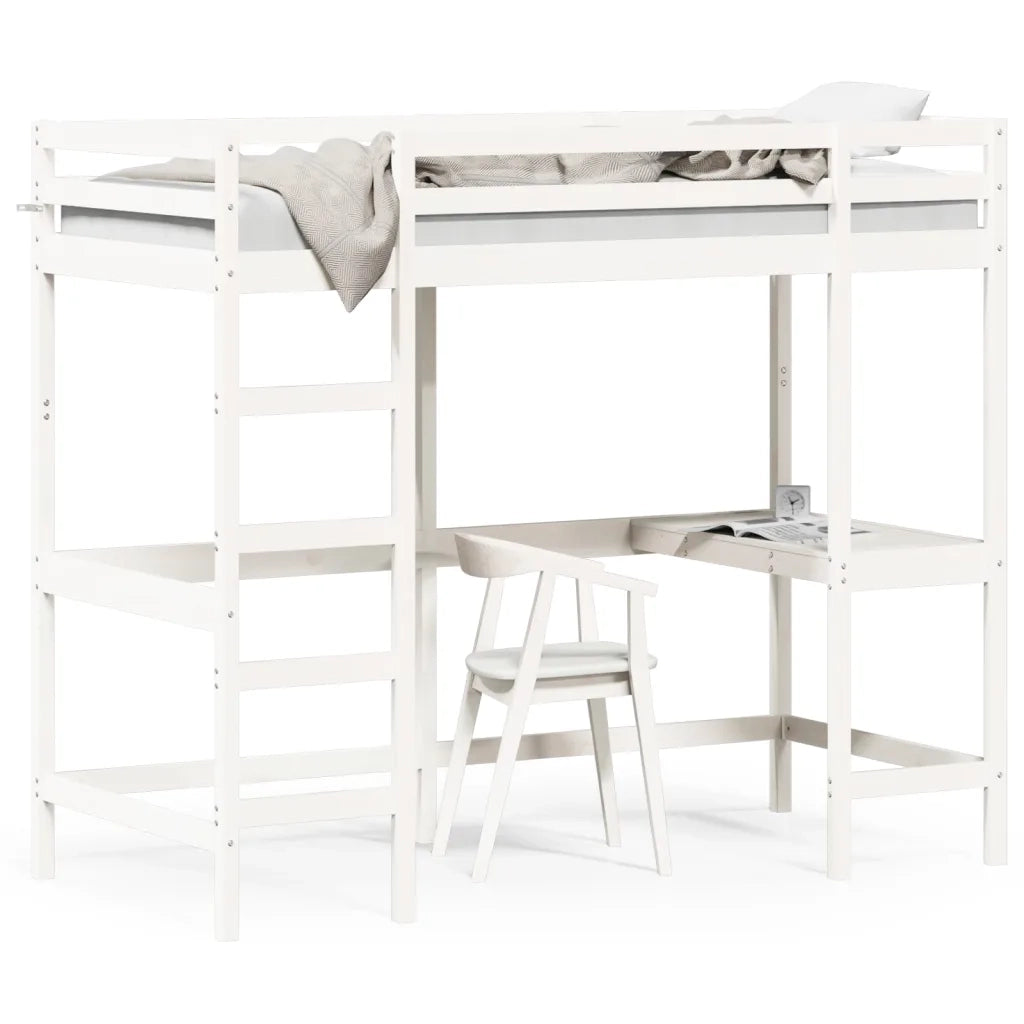 Letto Soppalco con Scrivania Bianco 90x200 cm Massello Pino