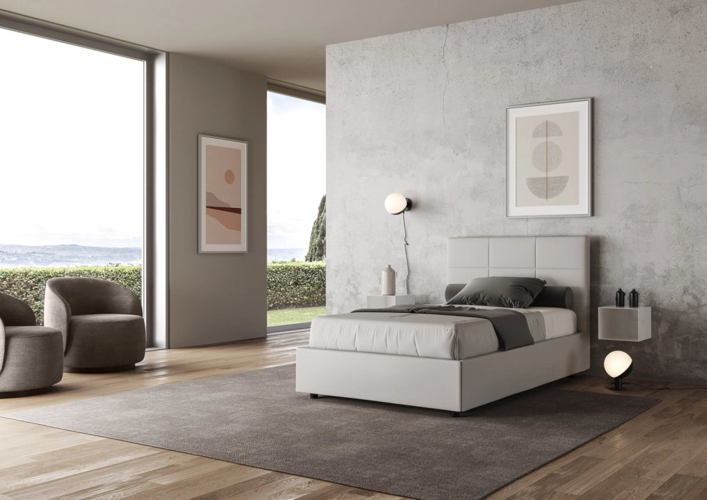 BS COM Letto una piazza e mezza con rete imbottito 130x200 similpelle bianco
