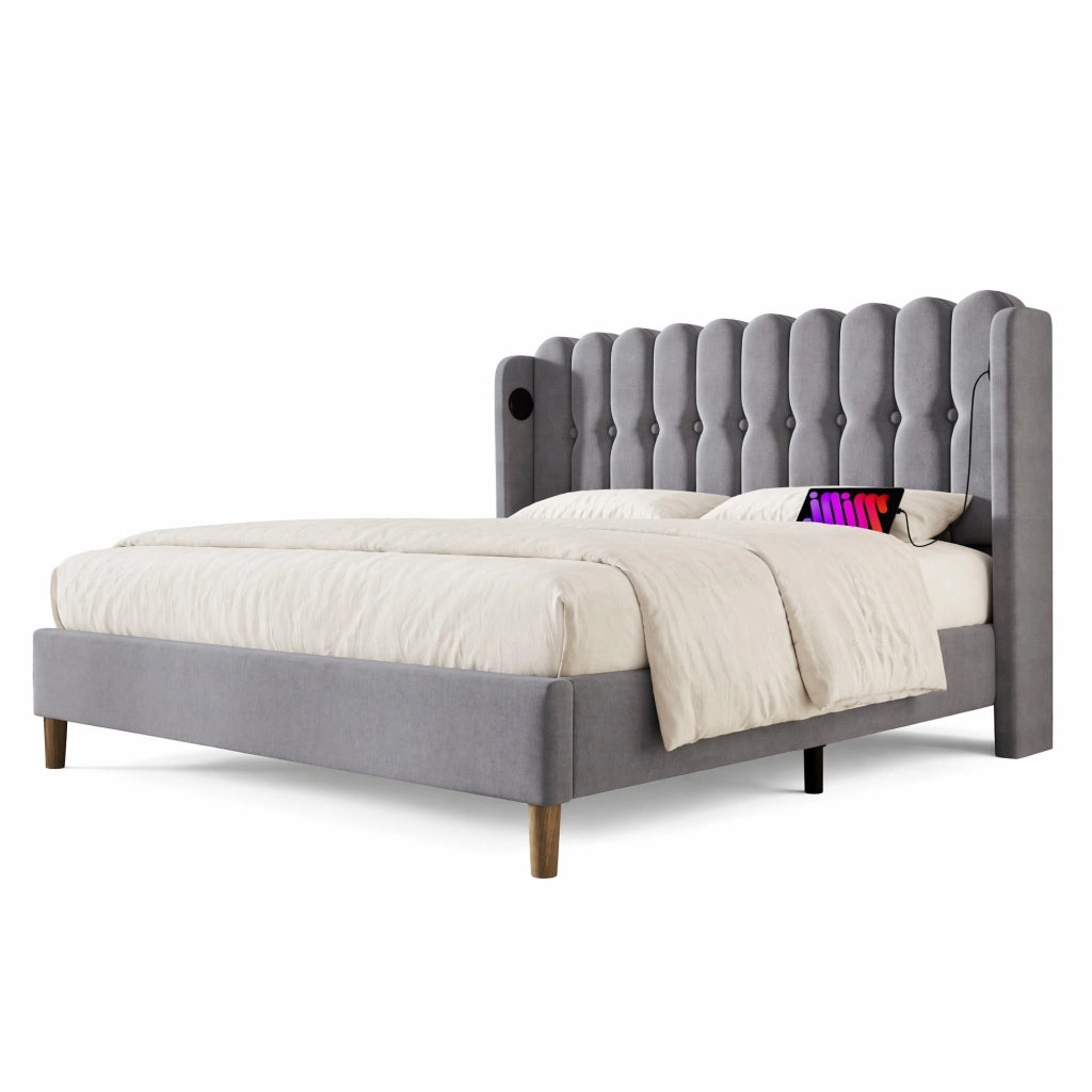 Letto imbottito grigio 160x200 cm con testiera USB e Type-C
