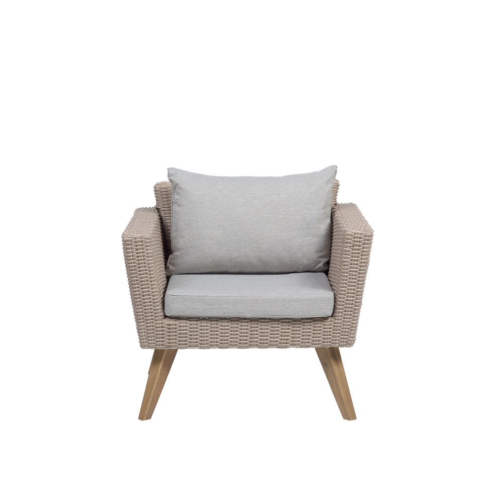 Set Esterno Rattan di colore Marrone Divanetto 2 Poltrone Tavolino Cuscini Grigi terrazzo giardino
