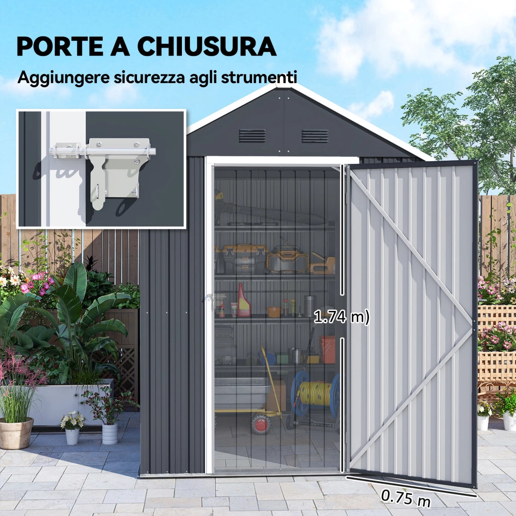 Casetta da Giardino Porta Attrezzi in Acciaio Zincato e PP con Finestra, 259x172x222 cm, Grigia e Bianca