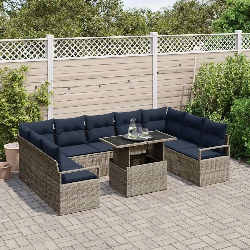 Set Divano da Giardino 10 pcs Grigio e Blu Navy Poly Rattan 3348891