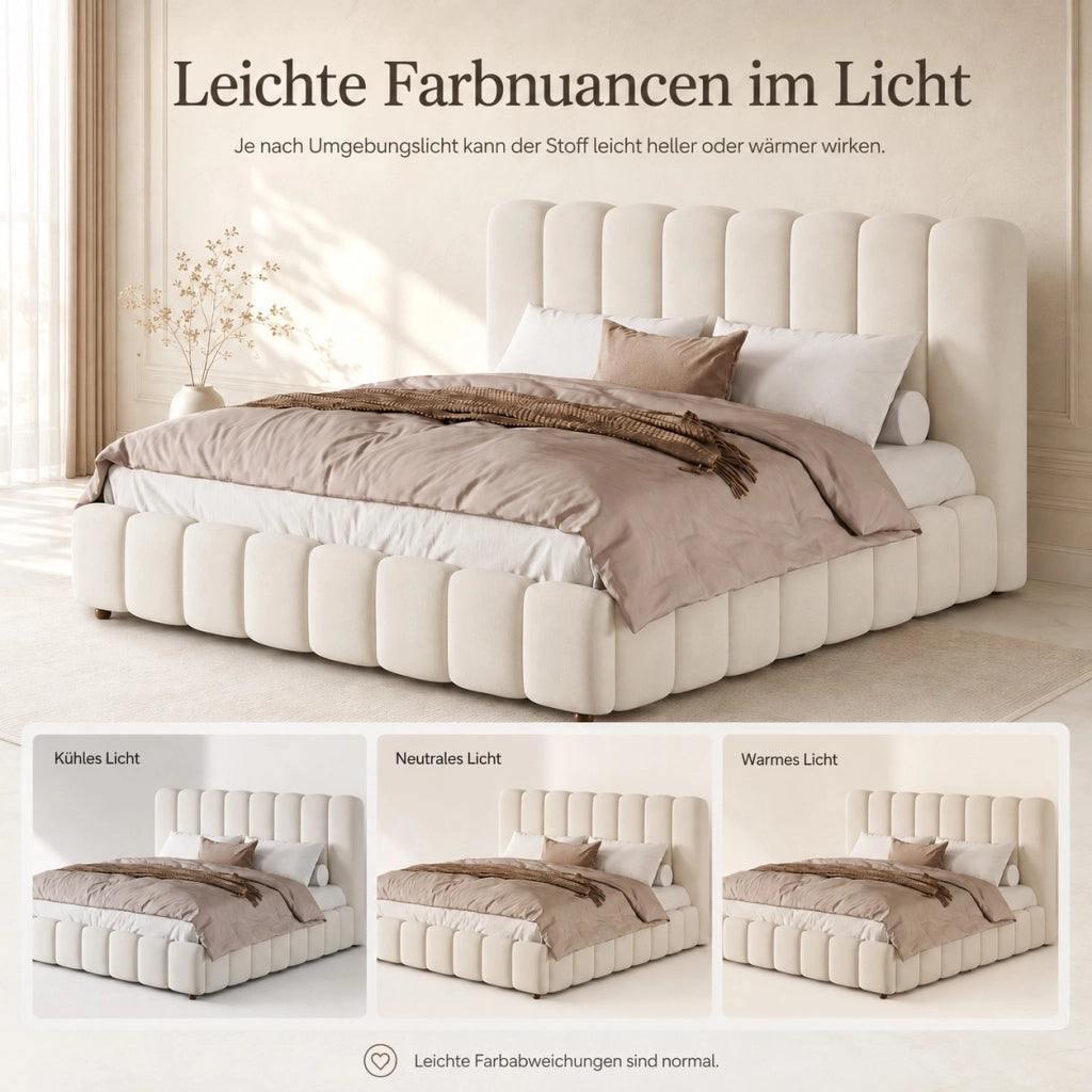 Letto matrimoniale 160 x 200 cm, testiera imbottita, vano portaoggetti, rivestimento in velluto, color beige