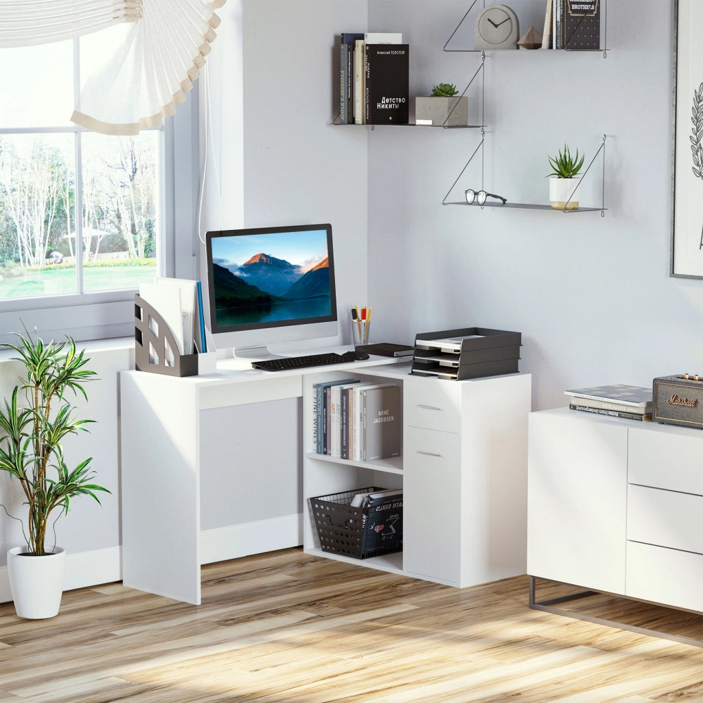 Scrivania Angolare con Libreria in Legno Bianco ¨C Minimal ¨C 173x39.8x74 cm