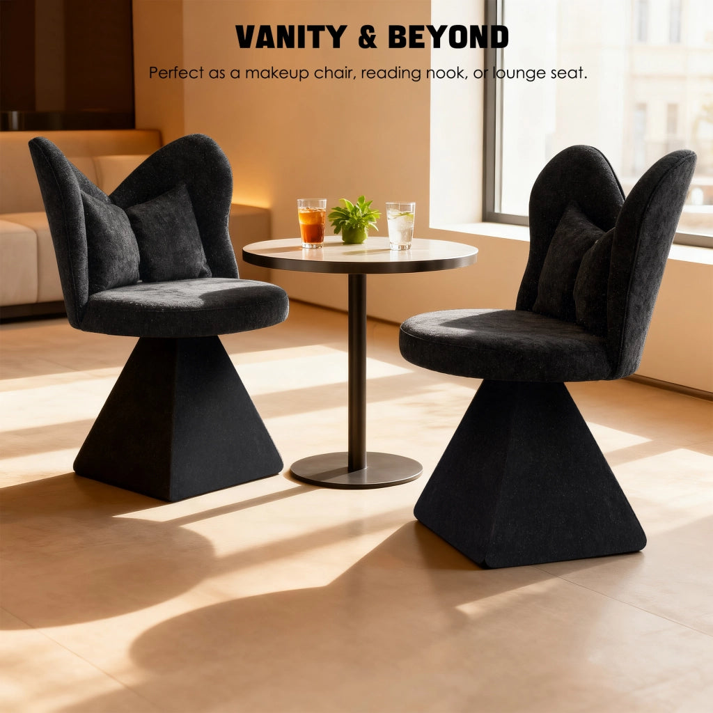 Sedia girevole imbottita in chenille nero con base triangolare stabile, senza braccioli, per soggiorno, sala da pranzo e spazi beauty