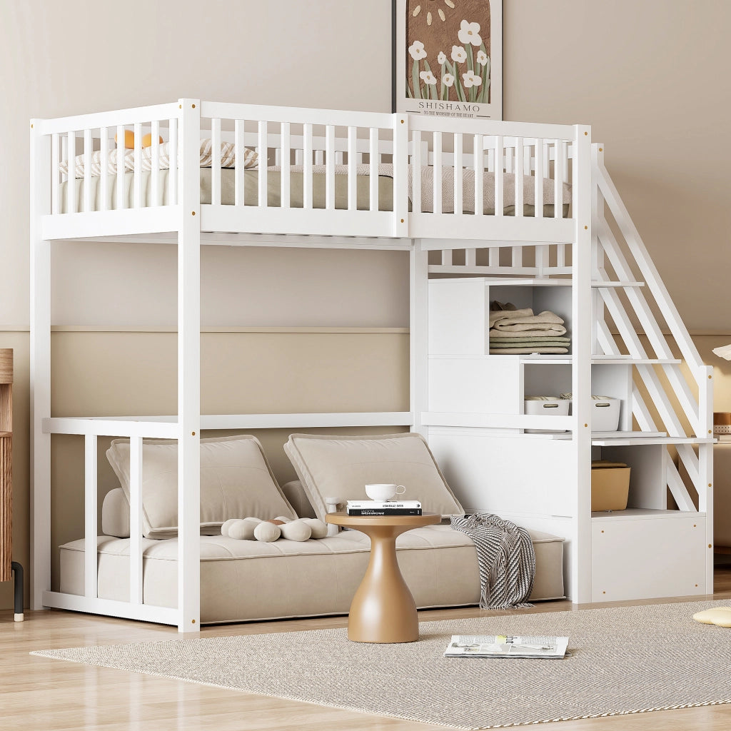 OKWISH Letto a Soppalco Letto Singolo con Scala Contenitore, Tavolo, 90×200 cm, senza Materasso, in Legno, Bianco