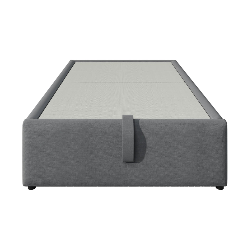 Letto imbottito senza testiera con contenitore idraulico; porta USB/Tipo-C e doghe in legno massello; cotone grigio; 90x200 cm; senza materasso
