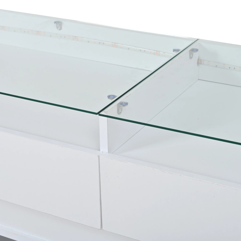 Madia con 2 cassetti e piano in vetro temperato con LED per soggiorno e ingresso; in MDF; bianco; 140×40×70 cm