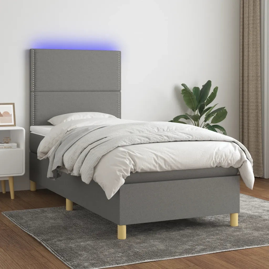Letto singolo | Letto per adulti | Letto a Molle Materasso e LED Grigio Scuro 90x190 cm in Tessuto