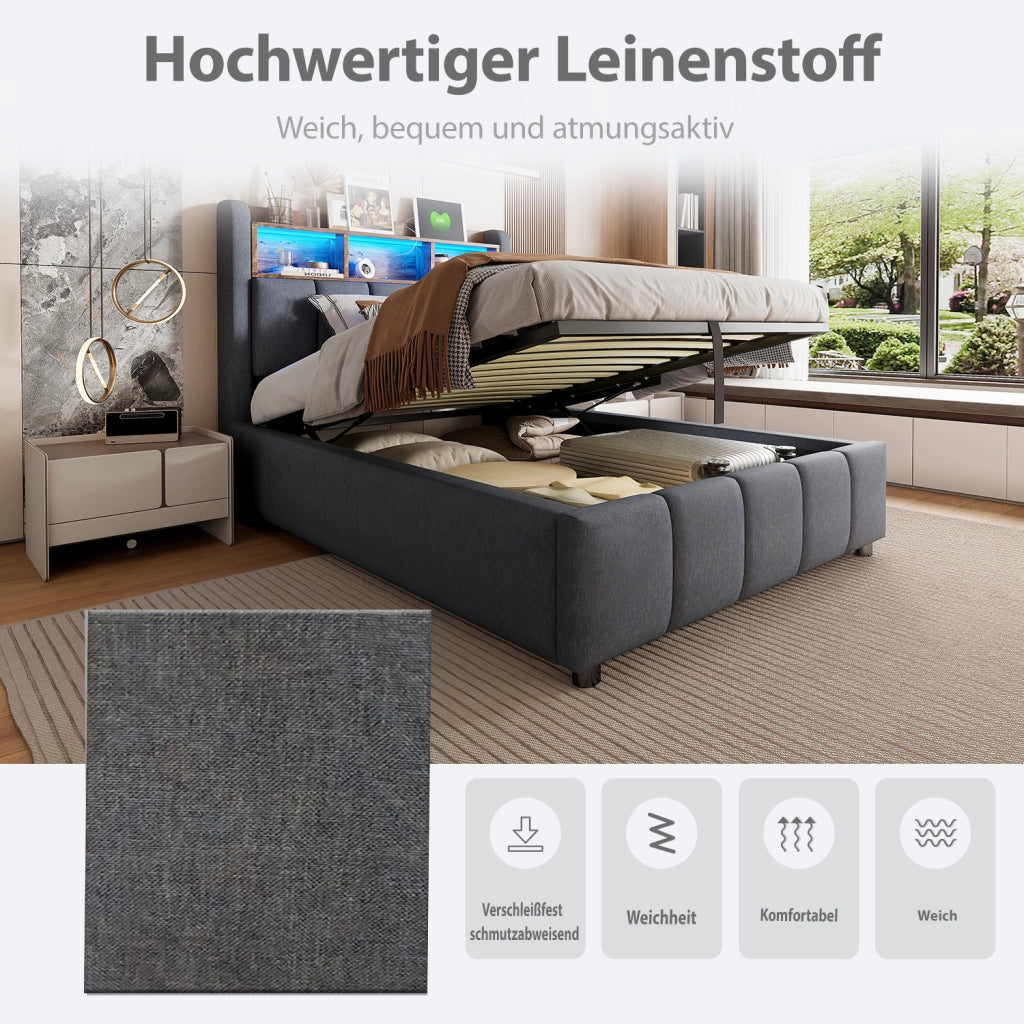 LETTO imbottito 90x200 cm Grigio con LED, USB e vano contenitore