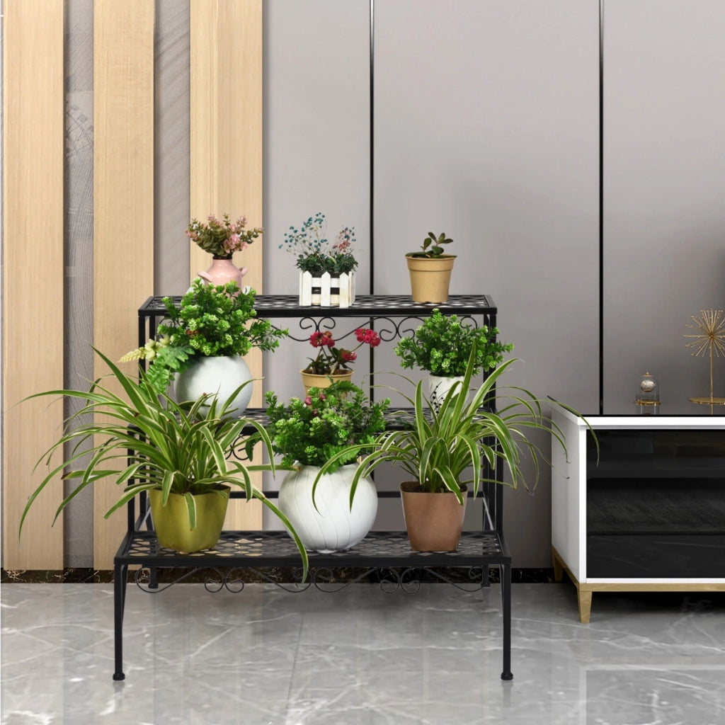 Scaffale espositivo di metallo con 3 livelli per piante per interno ed esterno-Organizer per fiori e piante Nero