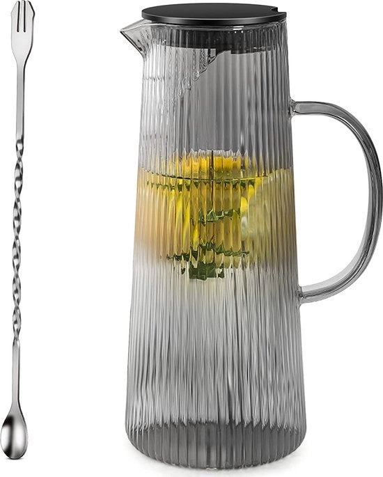 Caraffa in vetro, 1,3 litri, con coperchio, design a strisce, caraffa per acqua calda in vetro per tè freddo, tè, latte, caffè, vino, bevande fai da te, acqua calda, antracite