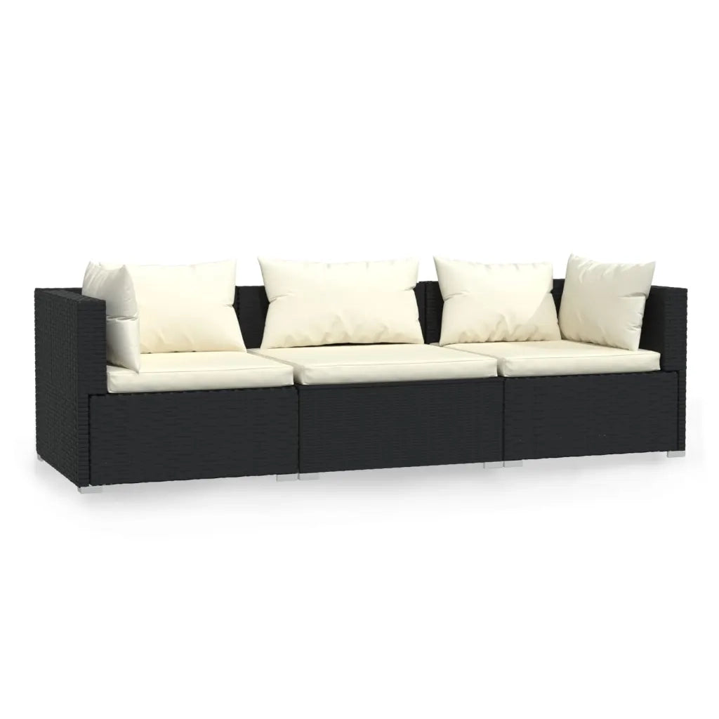 Divano a 3 Posti con Cuscini-Sofa 3 Posti con Cuscini Nero in Polyrattan