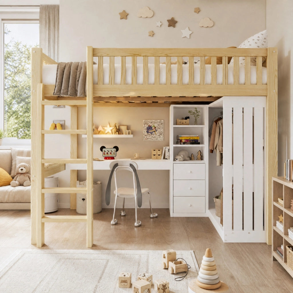Letto a soppalco 140x200 cm con scrivania; guardaroba; 3 cassetti; in legno di pino e MDF; naturale