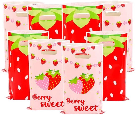 Confezioni regalo 100 pezzi - Tema fragola - 25x16 cm - Plastica - Maniglia - Sacchetti regalo per compleanni