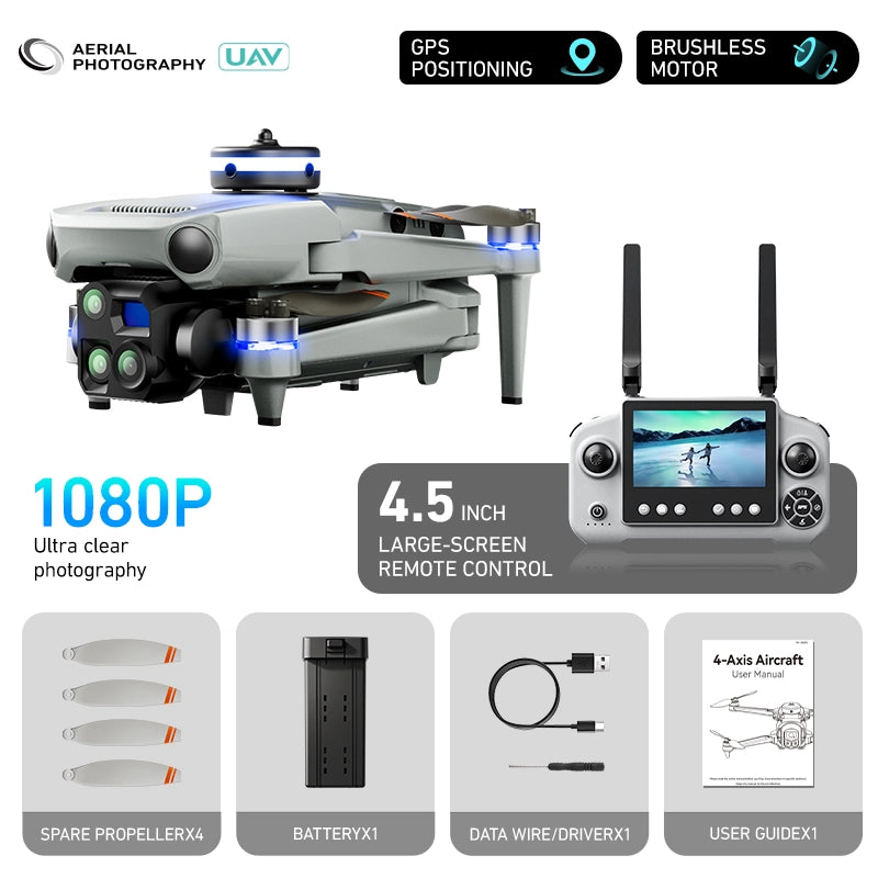 Drone con telecamera PT50 1080P GPS 1 batteria 3.7V 2700mAh 19 min schermo 4.5 zoom 5x doppia camera evitatore ostacoli 90 gradi pieghevole 14+ 300 mt