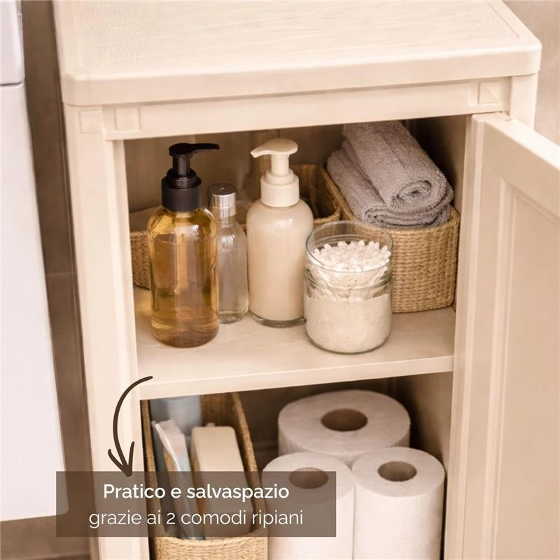 MOBILE BAGNO SALVASPAZIO 2 ANTE IN PLASTICA ANGORA 40X43X85,5 CM – ARMADIETTO CONTENITORE CON RIPIANO INTERNO PER ASCIUGAMANI, CARTA IGIENICA E ORGANIZZAZIONE BAGNO