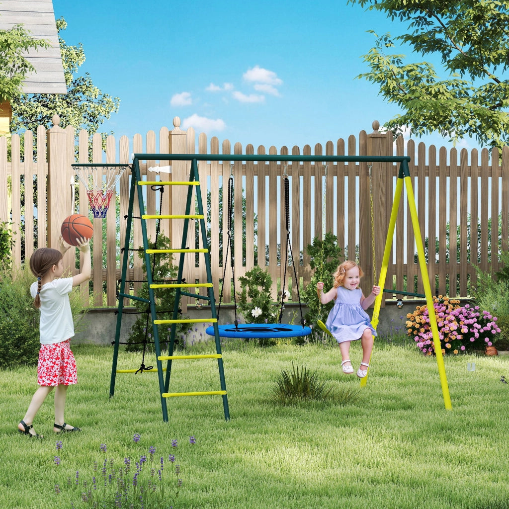 Altalena da Giardino con Scalette e Canestro ¨C Xylo ¨C Set Rotonda Acciaio per Bambini 3-8 Anni
