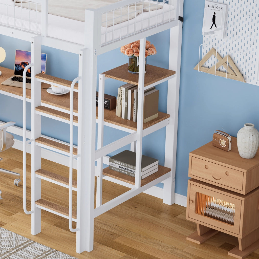 DESMIU Letto a Soppalco 1 Posto con Scrivania, Scaffali e Scala 90 × 200 cm, Senza Materasso, Metallo e Legno, Bianco Naturale