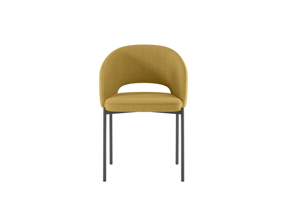 Sedia Greta in tessuto imbottito giallo con gambe in metallo antracite, sedia dal design circolare 55,5x52x78,5 cm - Greta Collection