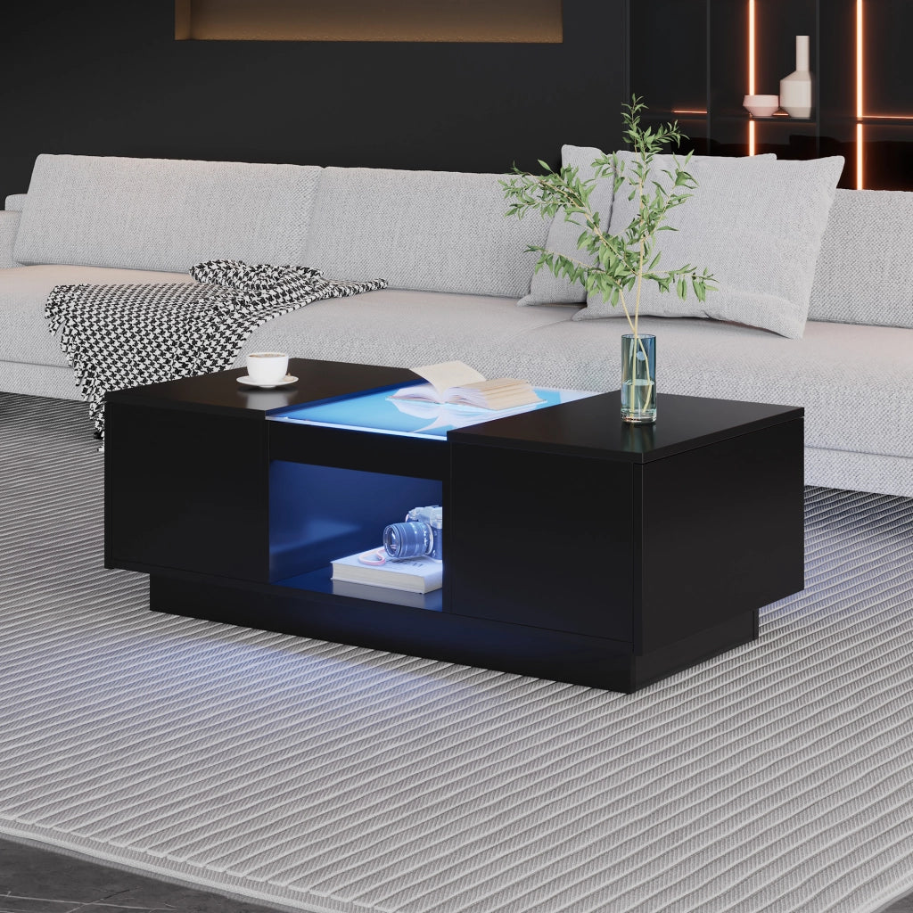 Tavolino da salotto nero con vetro e LED - Zephmum- 100x50x35,5 cm controllo app, 2 cassetti