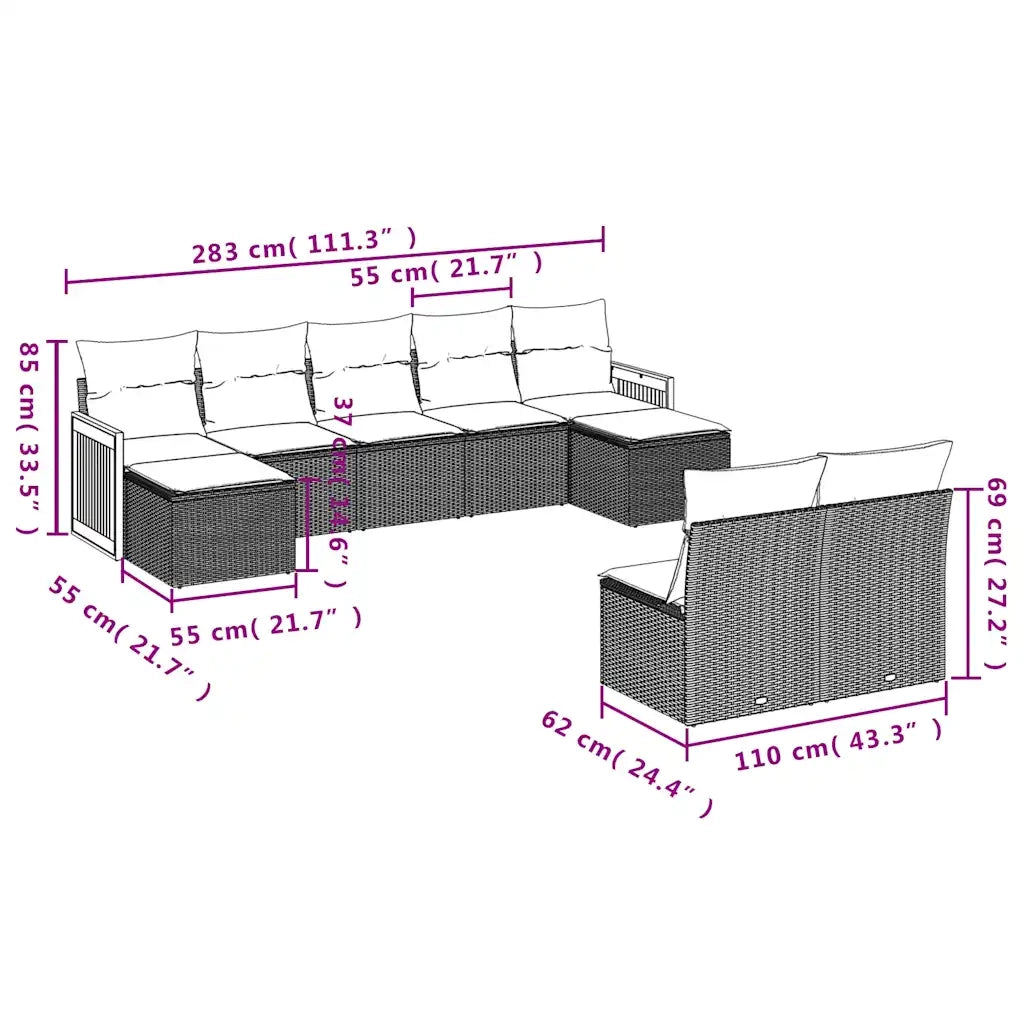 Set Divani da Giardino 9 pz con Cuscini Nero in Polyrattan 3228052