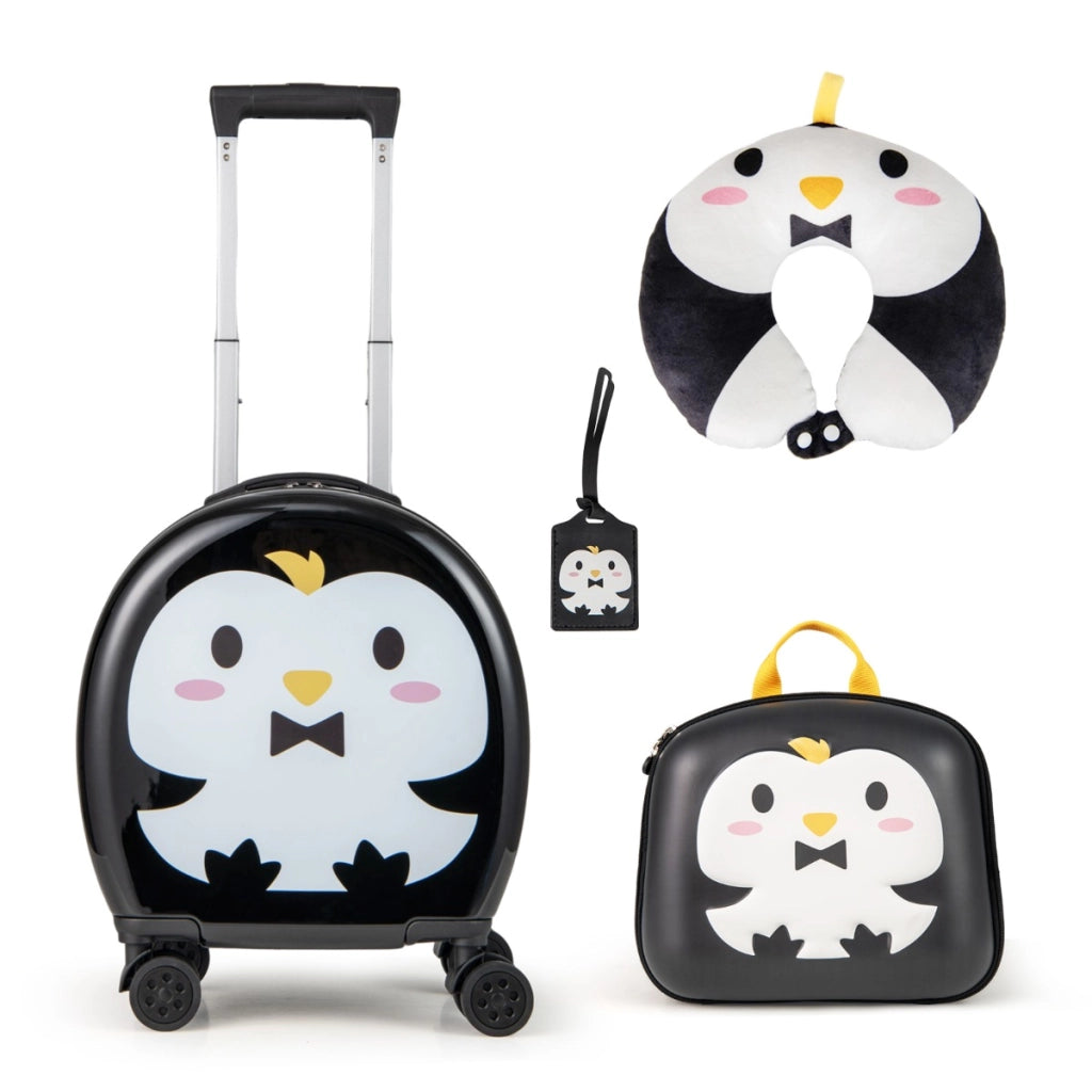 Set di valigie per bambini, Set da 4 pezzi con valigia a mano zaino e cuscino per collo Nero+Bianco-Bagagli e borse