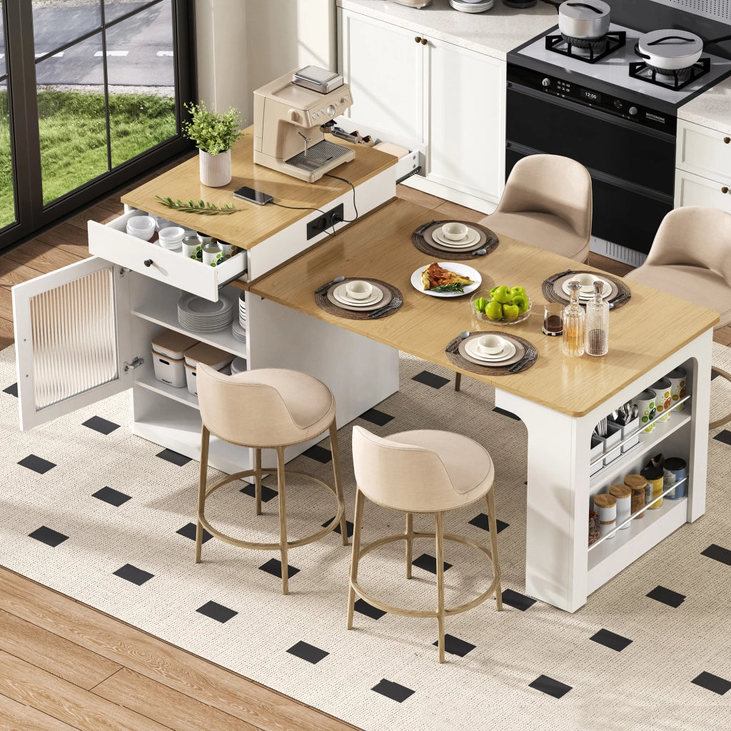 Tavolo allungabile con cassetto, vani contenitore e prese integrate per cucina e sala da pranzo, bianco e naturale