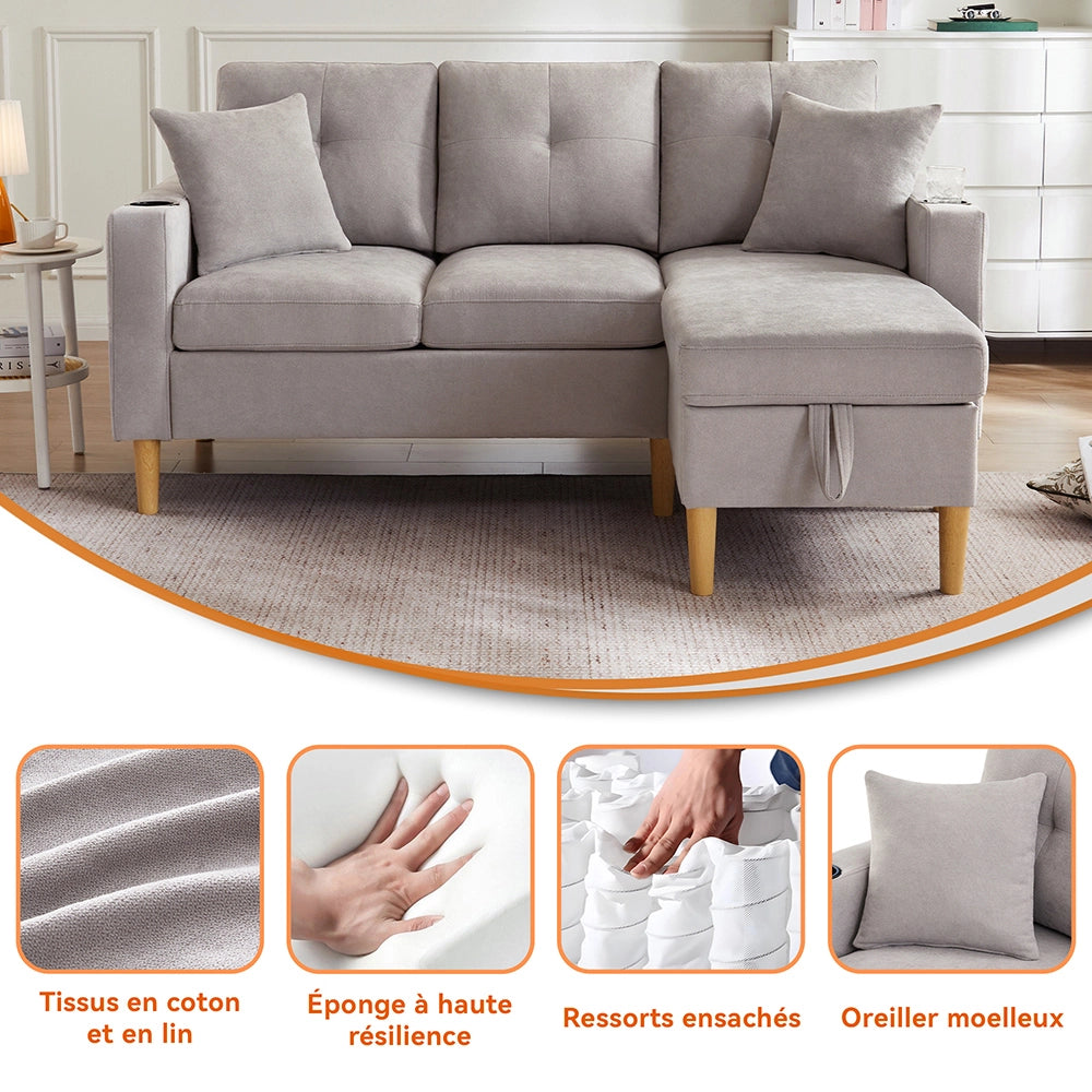 Divano L - Xylo - 3 posti con chaise longue porta-bicchieri