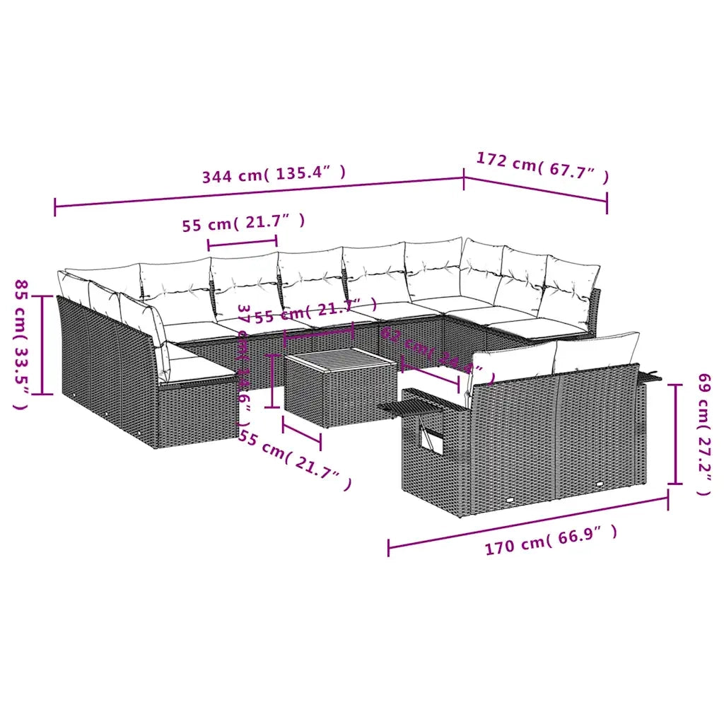 Set Divani da Giardino 13 pz con Cuscini Nero in Polyrattan 3224797