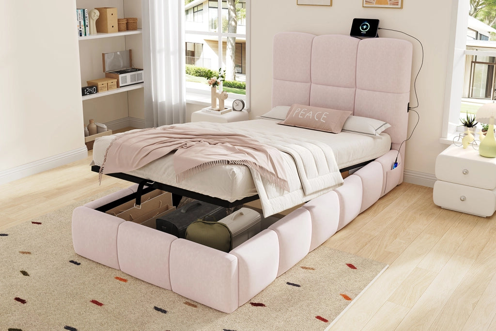 DESMIU Letto bambino 90 × 200 cm 1 posto con vano contenitore idraulico e USB, senza materasso, in velluto, rosa