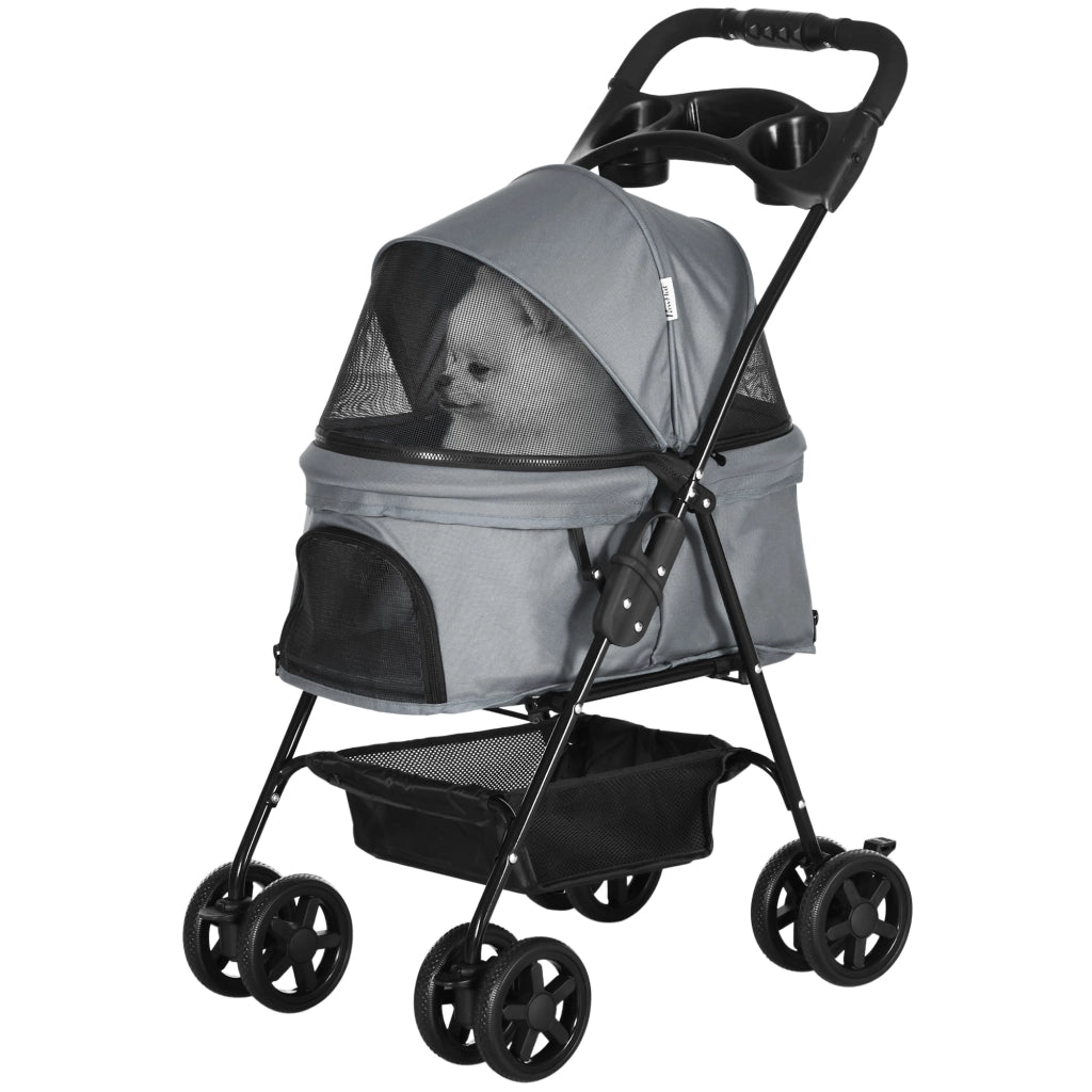 Passeggino per Cani Pieghevole con Guinzaglio di Sicurezza e Cestino Portaoggetti, Grigio