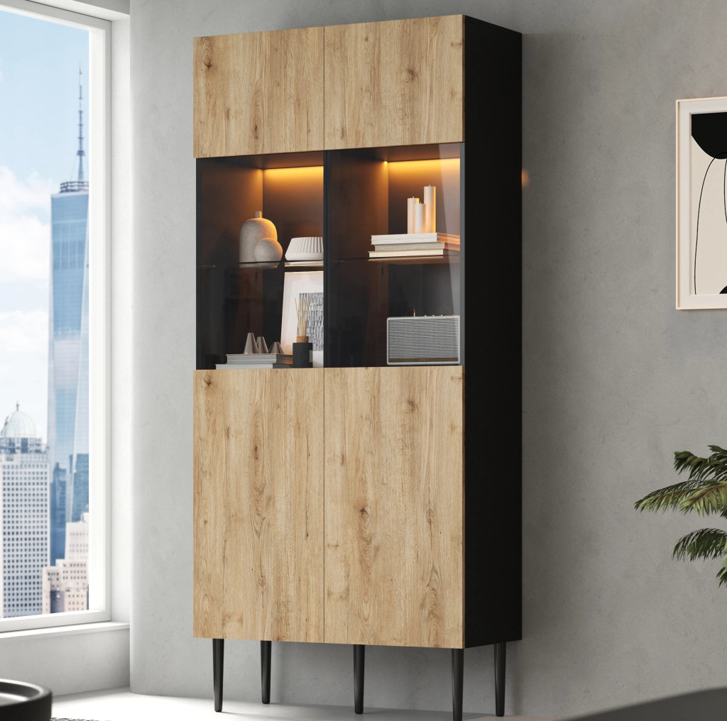 Vetrina 80x35x180 cm con illuminazione LED e 10 vani in MDF nero e naturale